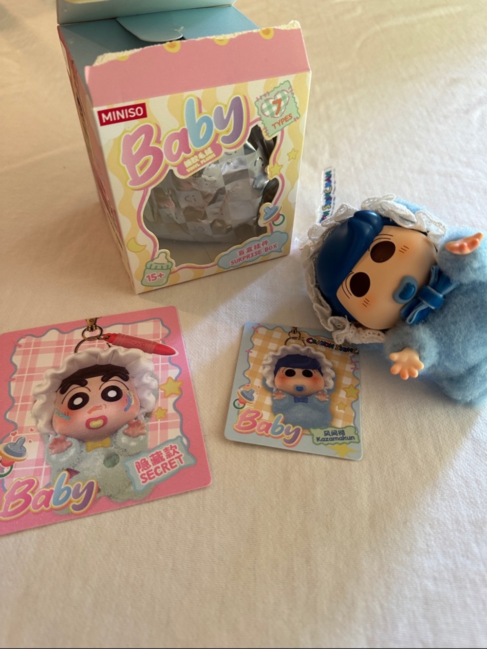 Miniso Blue Baby Plush Keychain with Lace Bonnet